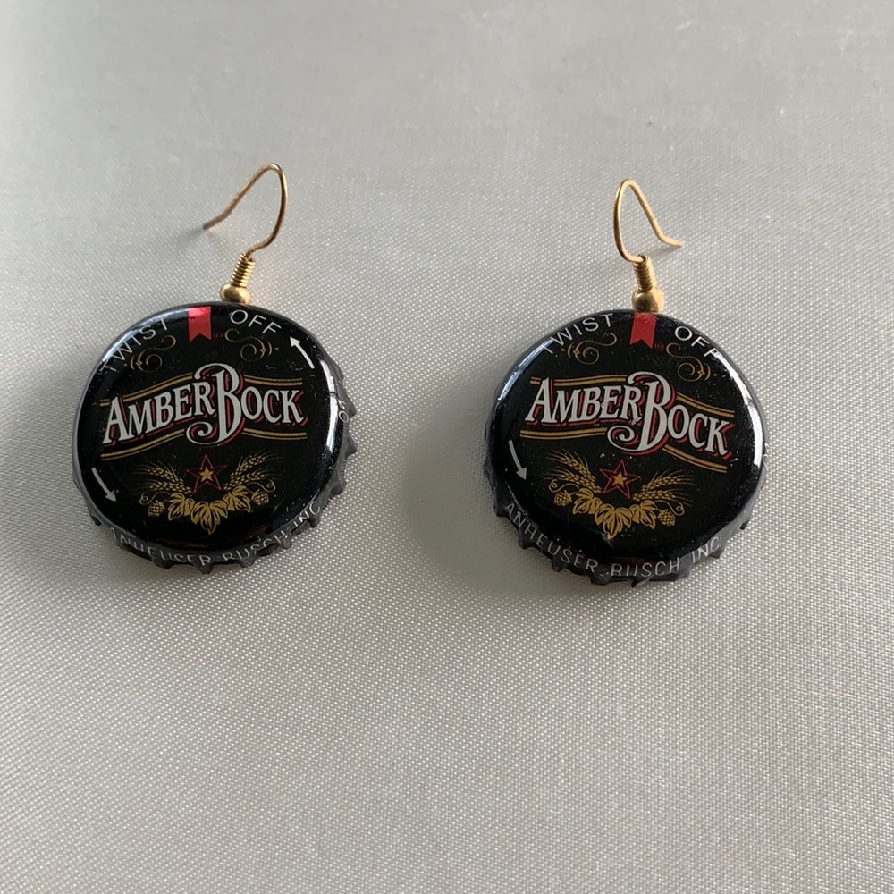 Homemade Amber Bock Beer Cap Earrings